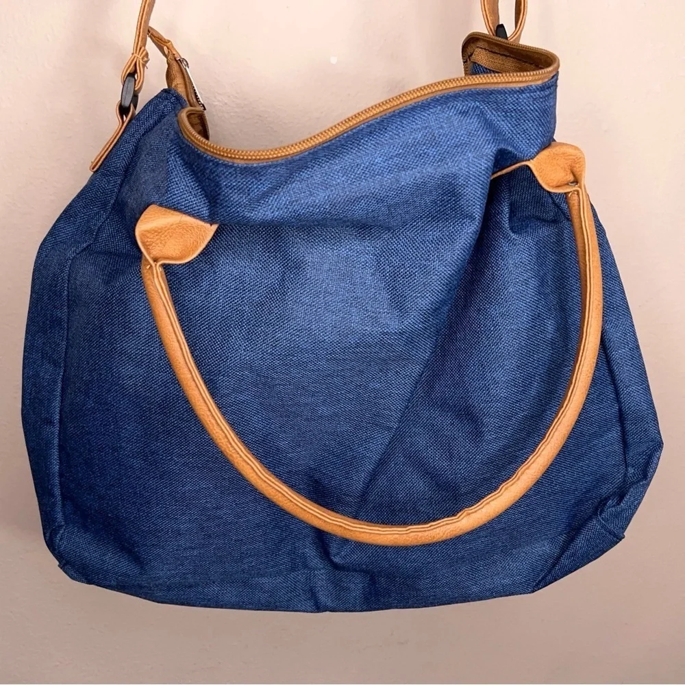 Navy Blue Tan Brown Travel Overnight Bag Lightweight Adjustable Strap
